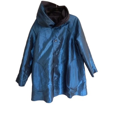 UBU Reversible Iridescent Pleated Hood Raincoat Button Front Teal/Black, Size PS
