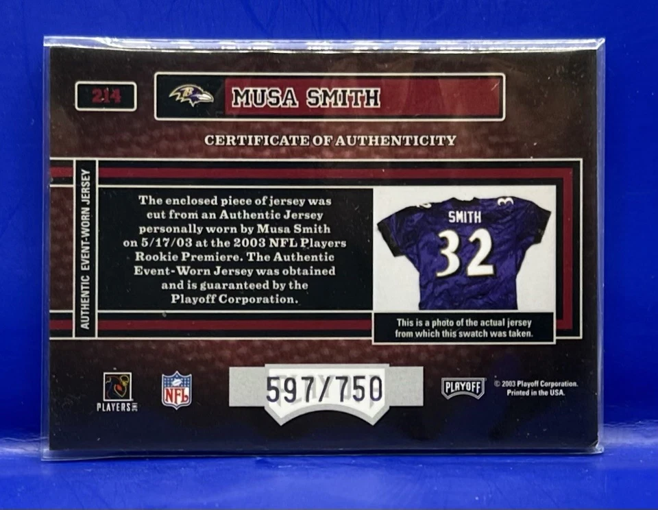 2003 Playoff Hogg Heaven Musa Smith Rookie RC Premiere #/750 Baltimore Ravens - Image 2 of 2
