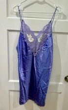 Vintage Wendy Ann Satin Slip Nightgown Purple Lace Floral Appliqu 