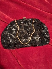 Vintage Black Beaded Evening Purse Gold Chain Floral Satin Clutch Handbag