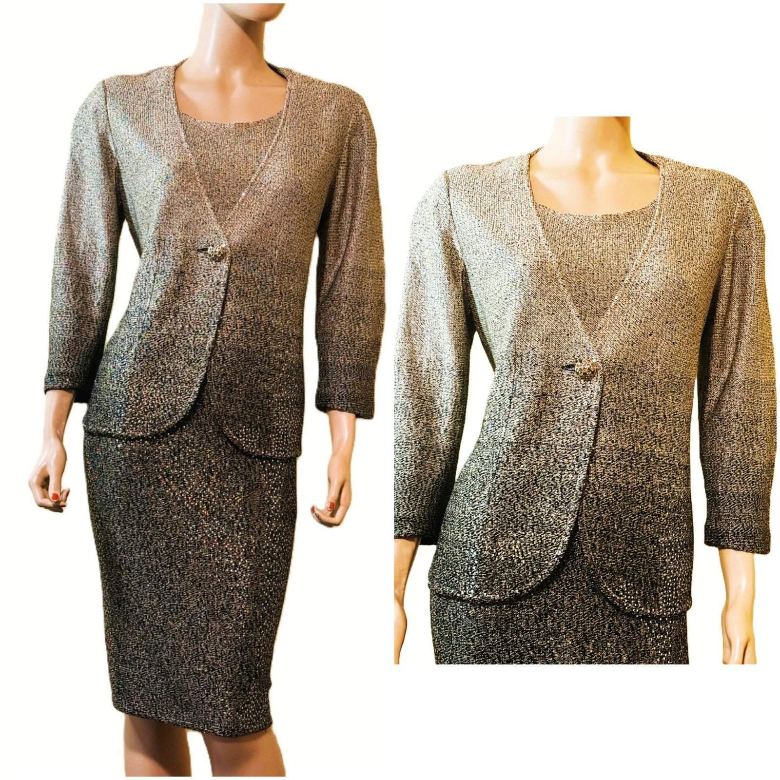 Gorgeous St John Gold Shimmer & Black Ombre Dress & Jacket Suit 12 w Paillettes