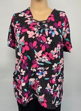 Easy Stretch XL Scrub Top Eggplant Black Floral Pockets Stretch
