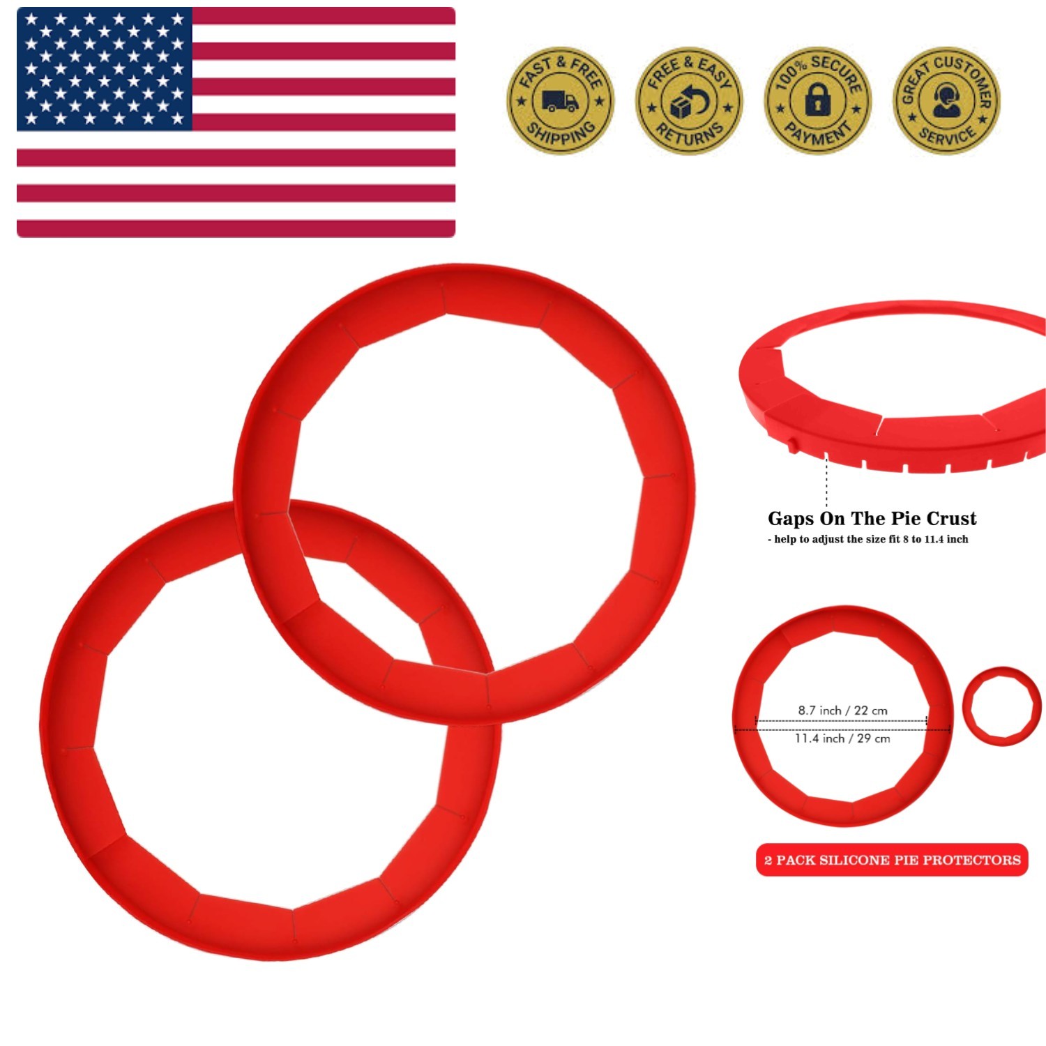 Adjustable Silicone Pie Crust Shields - Baking Protectors Cover Ring Fits 8-1...