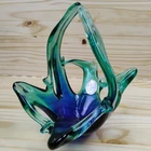 1990's blue Green Hand Made Glass Basket Vase Murano Glassware Crystal Clear Tag