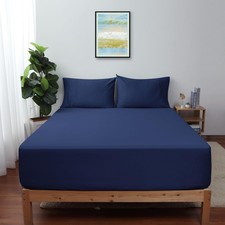 1 PCS King Size Fitted Sheet Navy Blue 100 Egyptian Cotton 600 TC 16 Inch