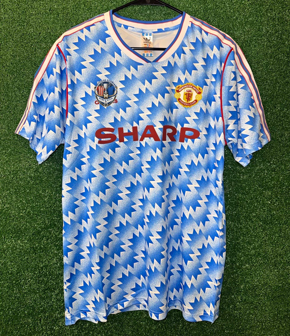 Camiseta Retro Manchester United Afilada Camiseta de Fútbol Patrón Zig Zag Azul/Blanco