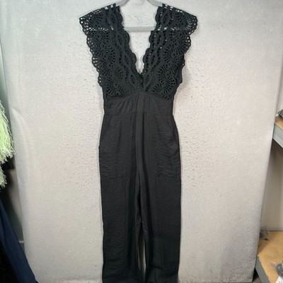 Sandro Paris Black Lace-Trimmed Sleeveless Jumpsuit Womens Size 34