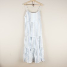 Madewell Cami Teir Midi Striped 100% Linen Blue White Dress Womens Sz 18
