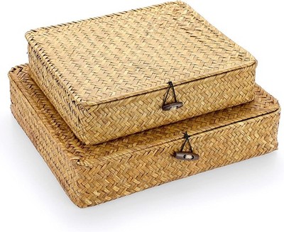 Stylish Caramel Seagrass Storage Baskets - Set of 2 with Lids for Neat Living