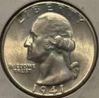 1941 GEM BU ORIGINAL SURFACES Philadelphia Mint Silver Washington Quarter. 023