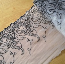 5 Yards 8" Wide White Tulle Mesh Lace with Embroidered Black Pretty Girls xh007