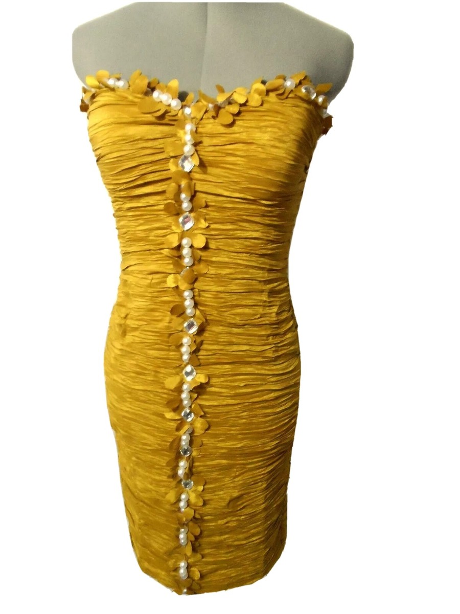 DAISY Ruched Pearl Jeweled Bodycon Dress Sm Gold formal Embellished Midi  Formal