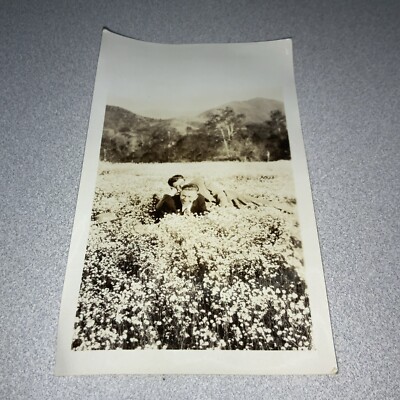 Nice Vintage Antique? Photo Of 2 Men Laying In The Flowers Big Smile!