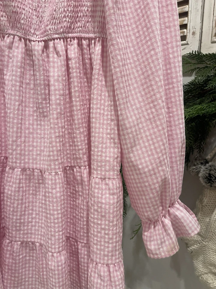 Vestido Azul Pimienta Rosa Guinga Calado En Niveles Manga Larga Pascua Volantes Grande Foto 2 de 4