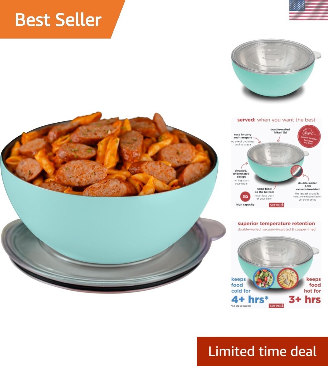 Premium Large Serving Bowl with Double-Walled Lid 100oz 3qt Keep Food Hot 