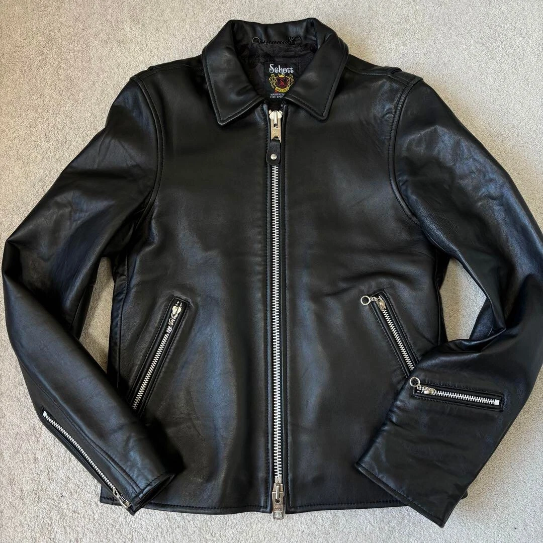 Chaqueta de cuero individual de piel de cordero exclusiva de Schott x Nano Universe negra talla S JP