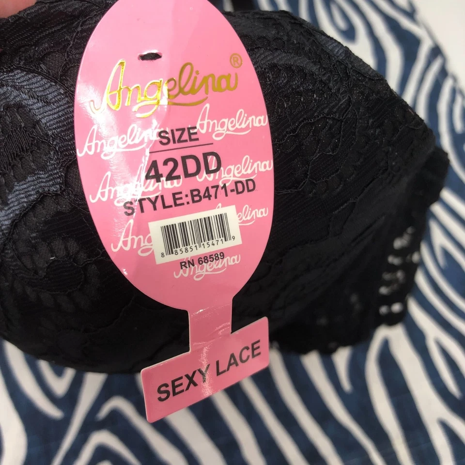 Angelina 性感蕾丝黑色钢圈文胸 42DD 可调肩带背面闭合 B471 — 第 4/4 张图片