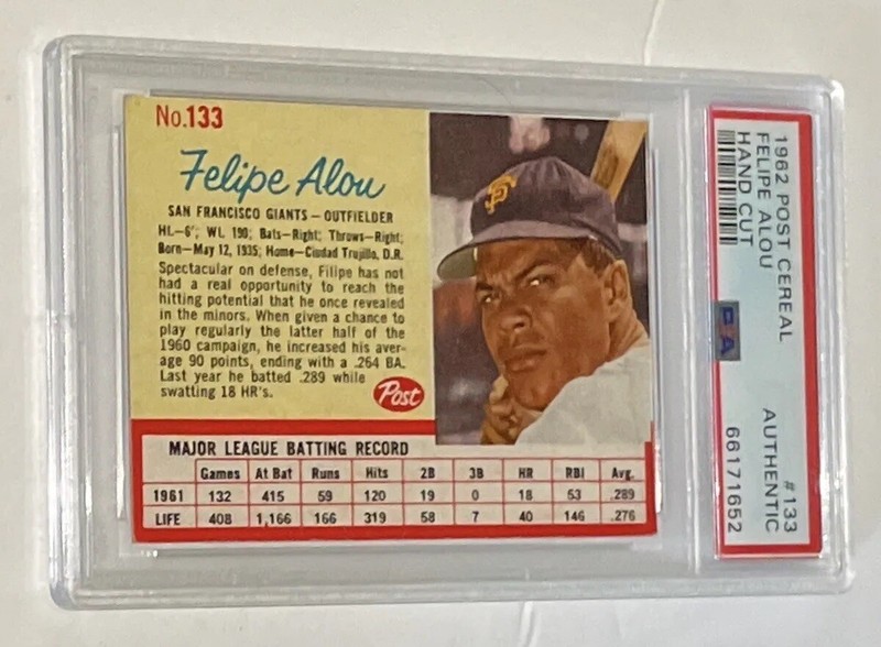 Vintage Felipe Alou 1962 Post Cereal 133 PSA Authentic MLB Baseball Card; Giants