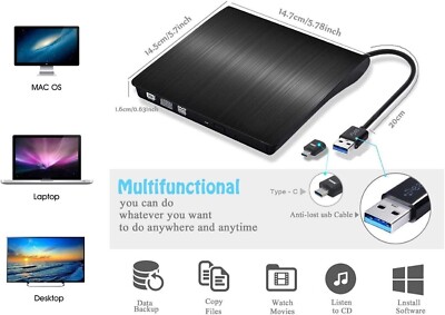USB 3.0  Portable External DVD CD Drive Dual Port Player Optical Burner Writer.
