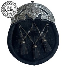 Thistle Cantle Black Cow Fur Leather Sporran Scottish Wedding Kilt Sporran