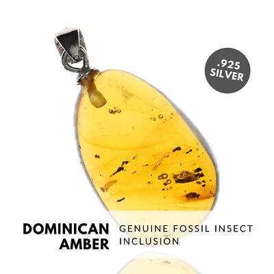 FLY - Natural Dominican Amber Pendant with Fossil Inclusion, Sterling Silver