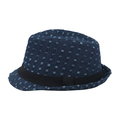 Premium Distressed Jeans Fabric Black Band Fedora Hat - Different Colors - Picture 9 of 9