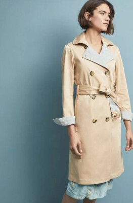 NEW Anthropologie Gingham-Lined Trench Coat Size Small Beige