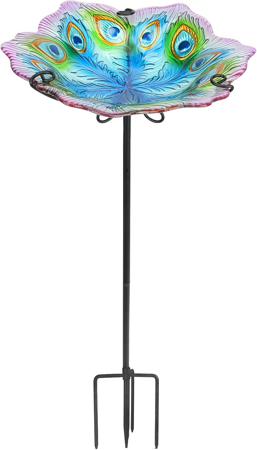 Peacock Glass Garden Bird Bath with Metal Stake for Outdoor Use