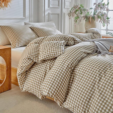 Grid King Duvet Cover Set - Tan Gingham Washed Microfiber Comforter Cove