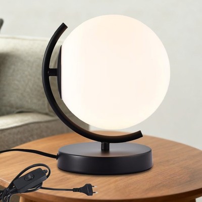 Modern Table Lamp 7.1'' Opal Glass Globe Black Metal Base Plug in Bedside Lights