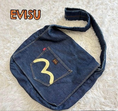 EVISU Baka Bon Denim Shoulder Bag Graphic Print Anime Blue Authenticated
