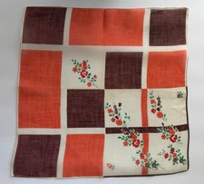 VINTAGE HANKY 1950s FLORAL PRINT RED ABSTRACT MID CENTURY ORANGE BROWN SQUARES