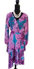 Tahari Arthur Levine Dress 8 Teal Blue Pink Black Layered Midi Chiffon M NEW