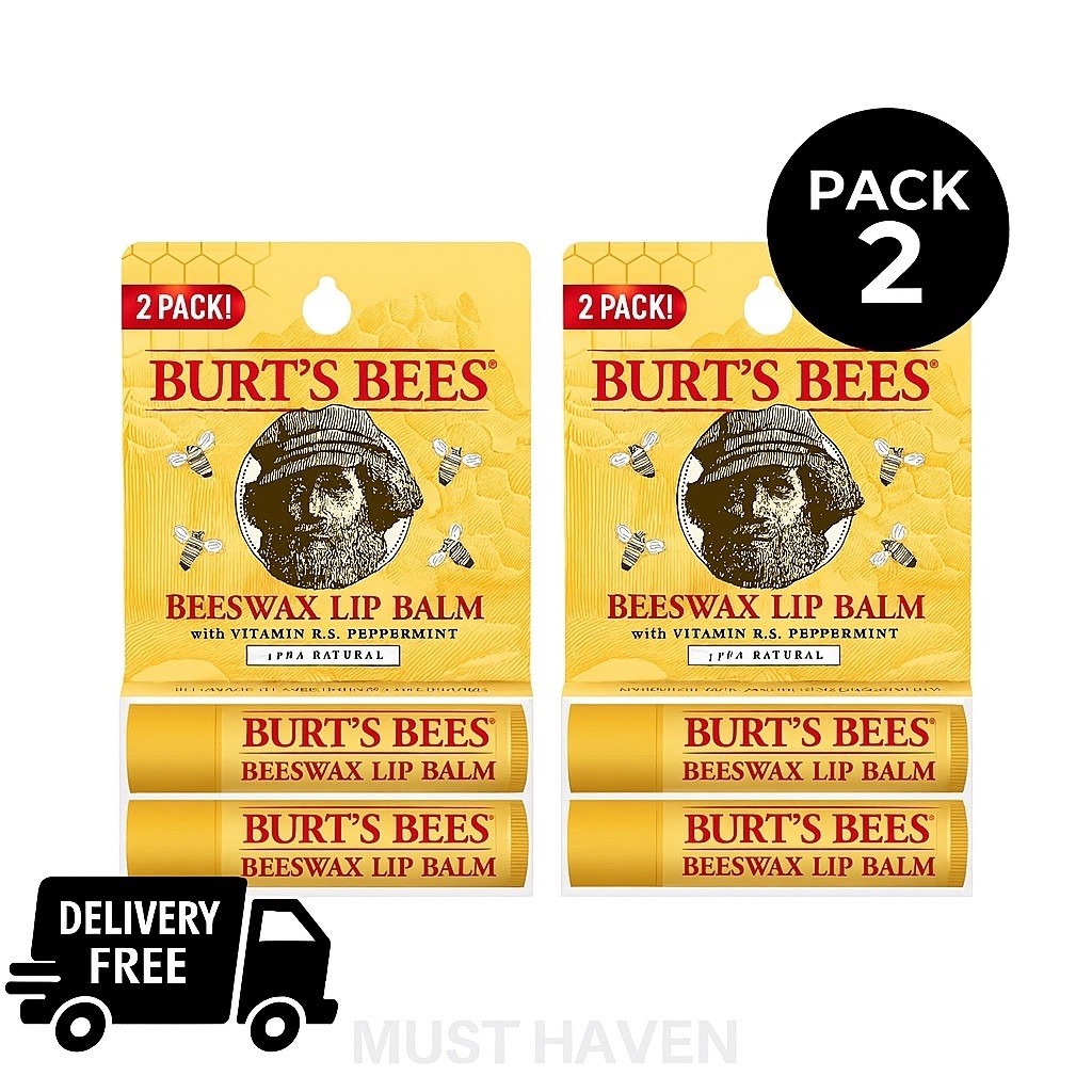 2 Pack Burt's Bees Natural Beeswax Lip Balm with Vitamin E & Peppermint