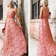Express Pleated Maxi Dress Floral Print Spaghetti Strap Cutout Waist Coral Beige