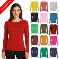 Womens Long Sleeve Round Neck Plain Basic Ladies Stretch T-Shirt Top UK 8-26