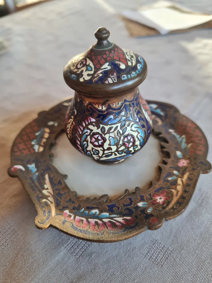 Encrier Bronze Émaillé Sur Onyx Napoléon III - Photo 2/4