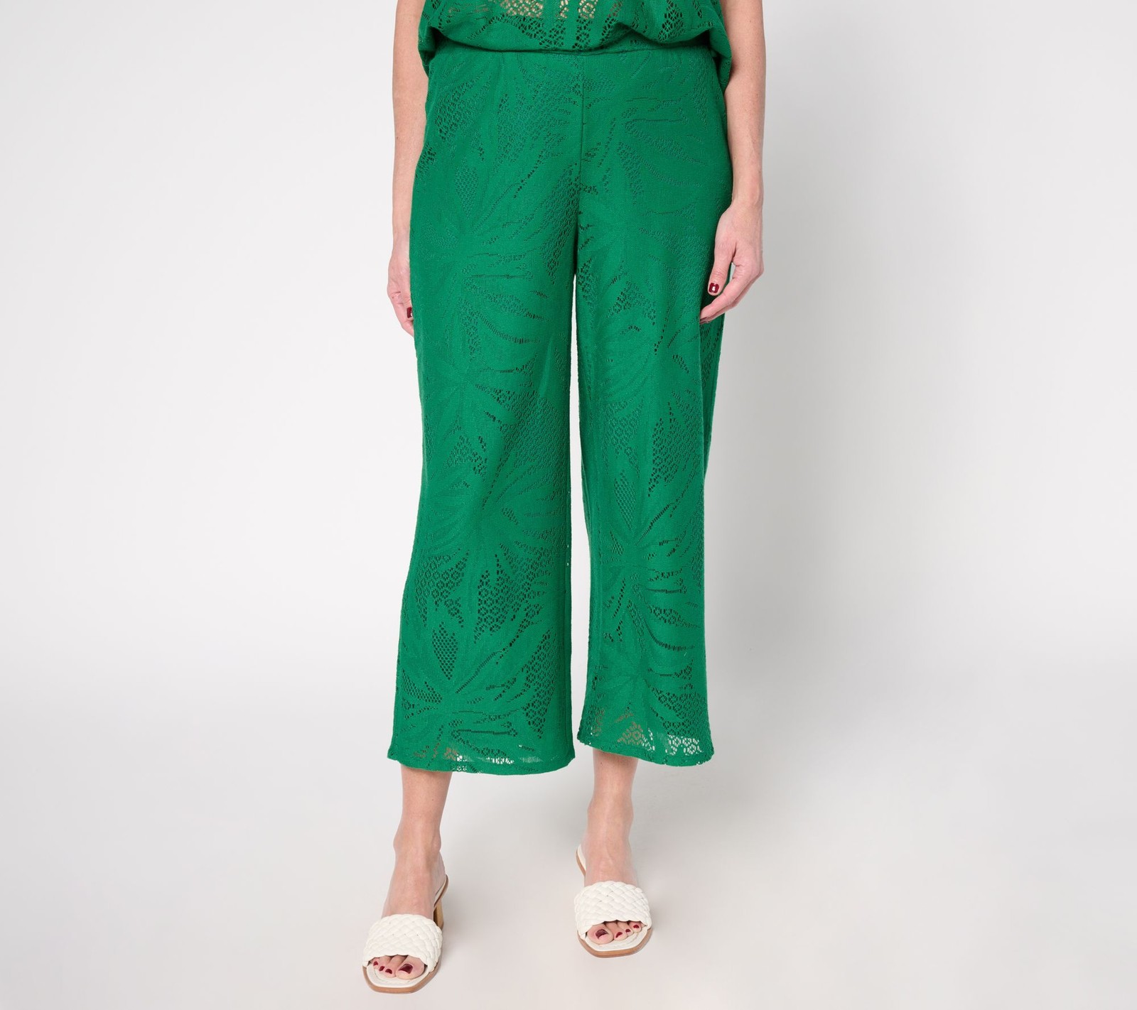 Susan Graver Women's Petite Pants PL Soleil Lace Knit Wide-Leg Crop Green