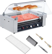 Stainless Steel Hot Dog Roller Grill Machine Dual Temp Control w Drip Tray Cover