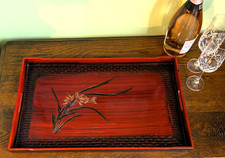 LARGE VINTAGE LACQUER WARE DRINKS TRAY GRASS & FLOWER DESIGN TOYO JAPAN 48x30cm