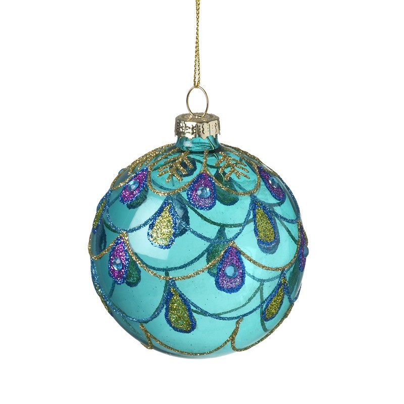 Peacock Christmas Tree Bauble with Glitter and Gold Hanging Twine Luxury Decor