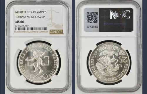 1968 MEXICO SILVER 25 PESOS S25P OLYMPICS NGC MS66 BEAUTIFUL Type 1 -As Pictured