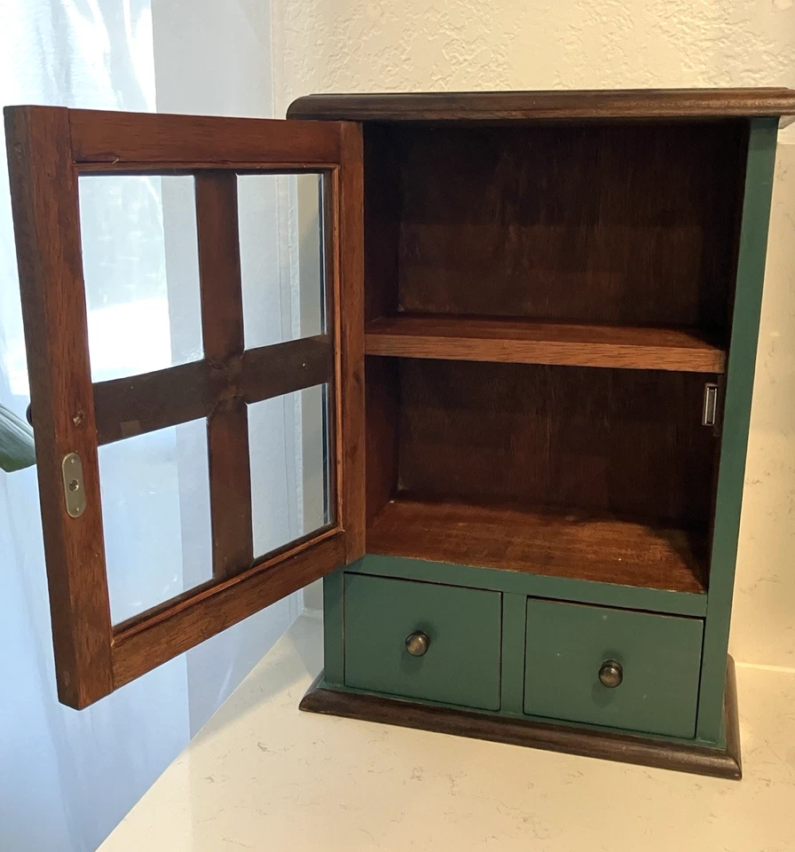 Green Vintage 19.5" Wood & Glass Wall or Countertop Spice/Tea/Multi-Use Cabinet - Image 3 of 4