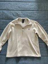 Polo Ralph Lauren Boys 12/14 Cream/Navy Blue 100 Cotton 1/4 Zip Sweater - EUC 