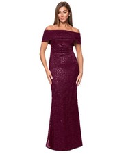 Xscape Women's Sequined Lace Off-the-Shoulder Gown - Wine - 6