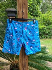 Surf Society un-lined Swim Trunks size Large blue with flowers and flamingos