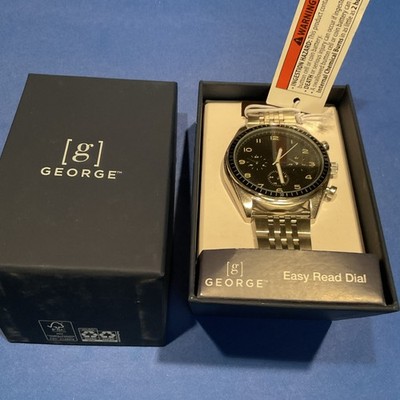 GEORGE Men's Round Silver Analog Watch Easy Read Black Dial Silver Metal Bd NIB
