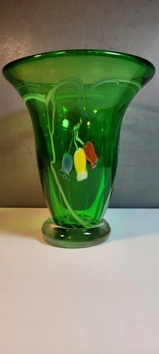 Vintage Hand Blown Art Glass Murano Vase Green Floral Art Nouveau 8.5” Tall