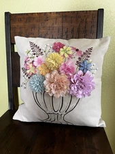Unbranded 15.5" SQ Throw Pillow Filled 3D Fabric & Embroidered Flowers