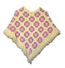 Handmade Crochet Granny Square Shawl Poncho Pink Purple Cream Retro Boho Fringe